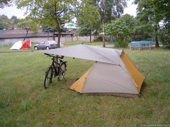 SilTarp attached to trees for support