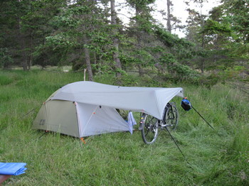 SilTarp attached to bike acting as front support